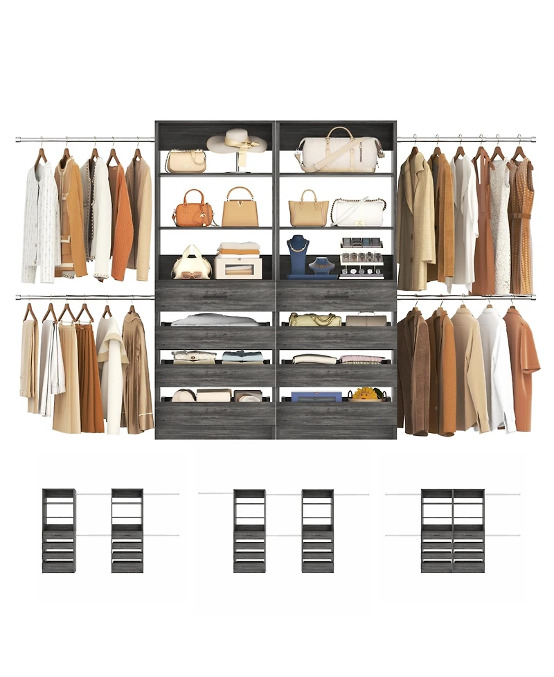 Aheaplus Closet System with 8 Wooden Drawers and 4 Hanging Rods, Organizer