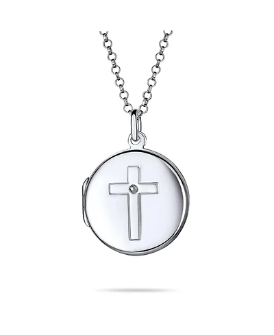 Bling Jewelry Religious Holy Cross Photo Locket Necklace Round Circle Holds Pictures .925 Sterling Silver