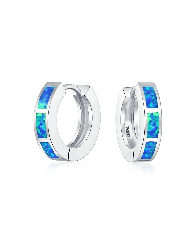 Bling Jewelry Created Opal Inlay Iridescent Huggie Small Hoop Earrings .925 Sterling Silver