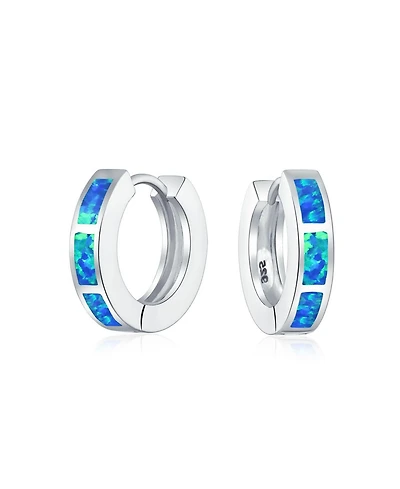 Bling Jewelry Created Opal Inlay Iridescent Huggie Small Hoop Earrings .925 Sterling Silver