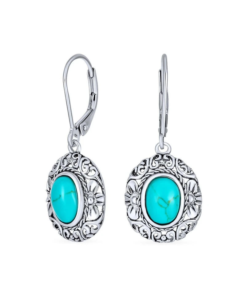 Bling Jewelry Bali Style Natural Oval Turquoise Floral Scroll Filigree Drop Earrings .925 Sterling Silver