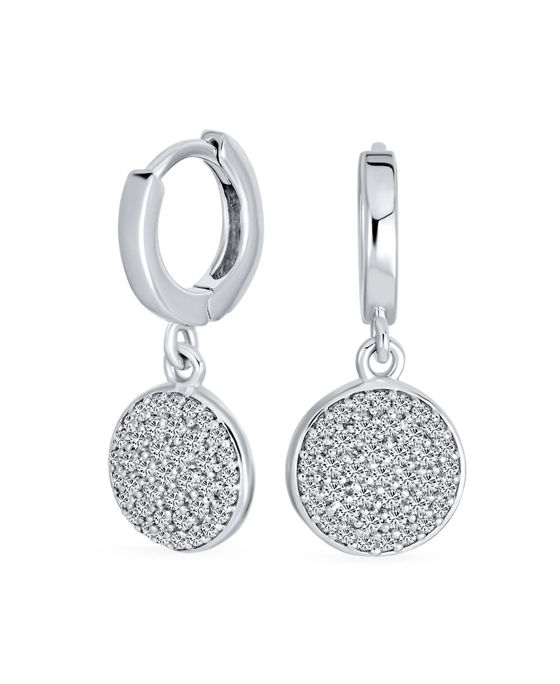 Bling Jewelry Geometric Cz Pave Circle Coin Drop Huggie Mini Hoop Earrings .925 Sterling Silver