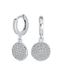 Bling Jewelry Geometric Cz Pave Circle Coin Drop Huggie Mini Hoop Earrings .925 Sterling Silver