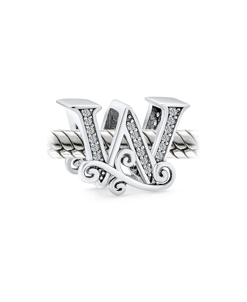 Bling Jewelry Initial Alphabet Bead Charm Fancy Scroll Cz Block Letter W for Bracelet .925 Sterling Silver