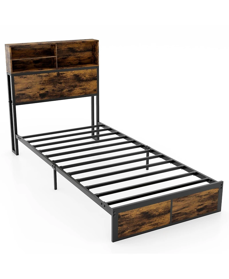 Slickblue Modern Metal Platform Bed with Storage Headboard for Bedroom