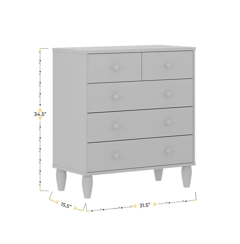 Large Kids 5-Drawer Wood Dresser Chest for Bedrooms