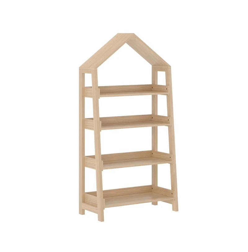 Buzz & Bloom Wood Open Bookshelf with Covered Triangular Top, 4 Shelves, and Squared Legs