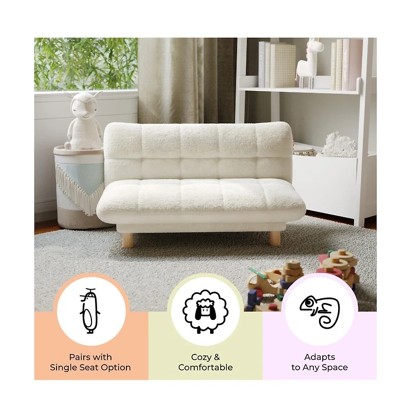 Buzz & Bloom Upholstered Cushioned Kids Couch with Tufted Seat and Back, Wood Legs