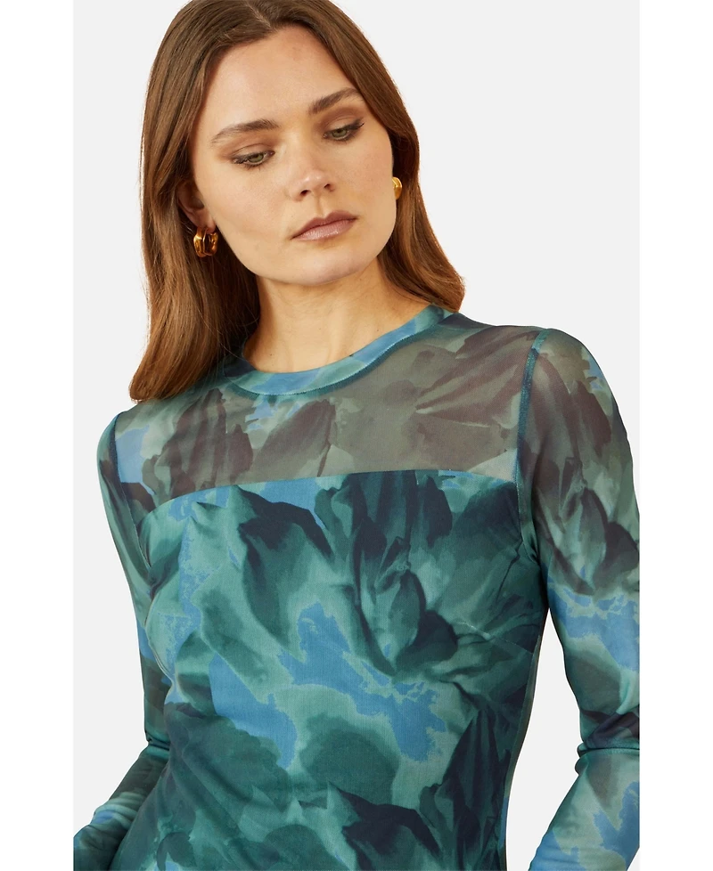 Yumi Women's Long Sleeve Floral Mesh Top