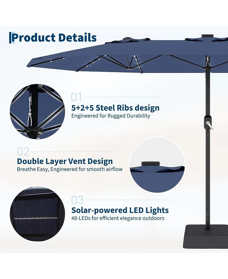 gaomon 15 Feet Patio Umbrella with Solar lights and Base Included for Garden, Pool, Deck