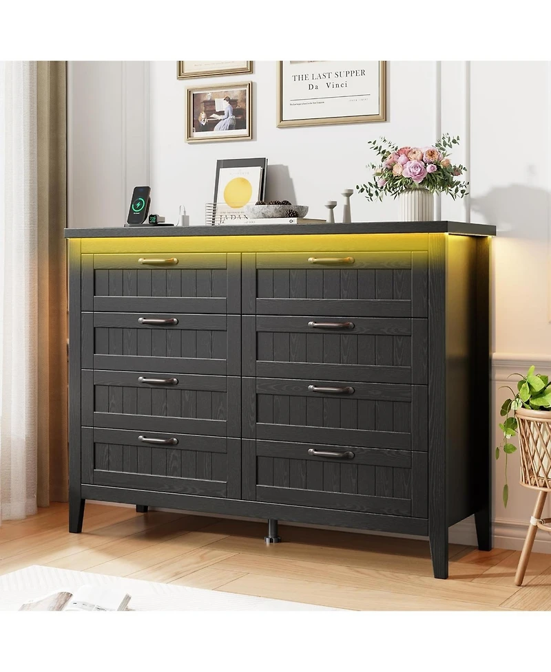 gaomon Farmhouse 5 Drawer Dresser with Charging Station and Led Lights, Slim Wooden Bedroom Dresser