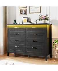 gaomon Farmhouse 5 Drawer Dresser with Charging Station and Led Lights, Slim Wooden Bedroom Dresser