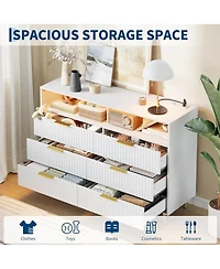 gaomon 6 Drawers Dresser for Bedroom, 47.2" Wide Dressers with Led Lights and Charging Station, Curved Profile Design, Fluted Wood Drawers with Handle
