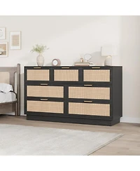 gaomon Farmhouse Rattan Tv Stand for 75 Inch Tv, Wooden Media Entertainment Center with 7 Storage Drawers