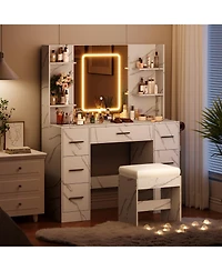 gaomon 43" Large Vanity Desk with 3 Colors Led Light and Mirror - Set Power Outlet Hairdryer Rack Makeup Table