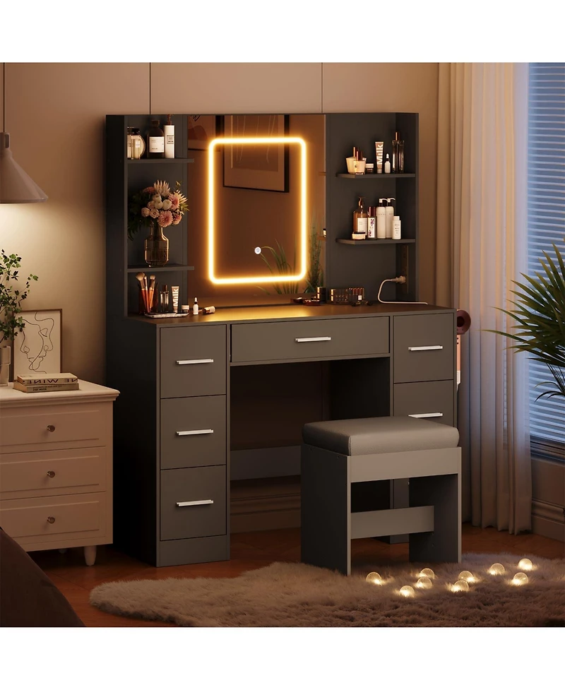 gaomon 43" Large Vanity Desk with 3 Colors Led Light and Mirror - Set Power Outlet Hairdryer Rack Makeup Table