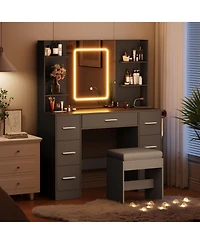 gaomon 43" Large Vanity Desk with 3 Colors Led Light and Mirror - Set Power Outlet Hairdryer Rack Makeup Table