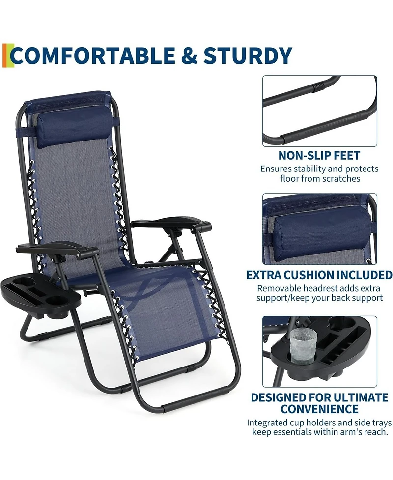 gaomon Set of 2 Blue Reclining Lounge Chairs, Heavy Duty Folding Patio Chairs with Pillow and Cup Holder for Pool, Beach, Backyard