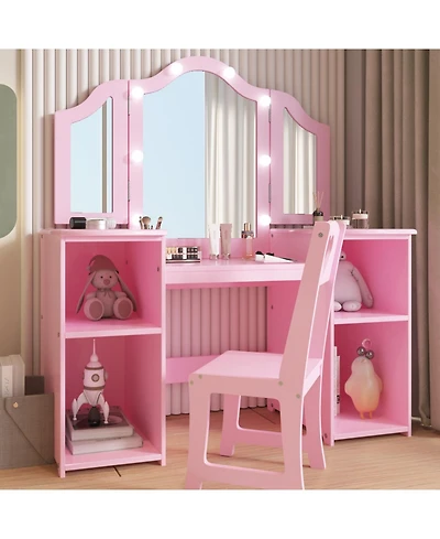 gaomon Princess Vanity Table and Chair Set for Girls, Tri-Folding Mirror with Touch Light, Convertible Desk Storage