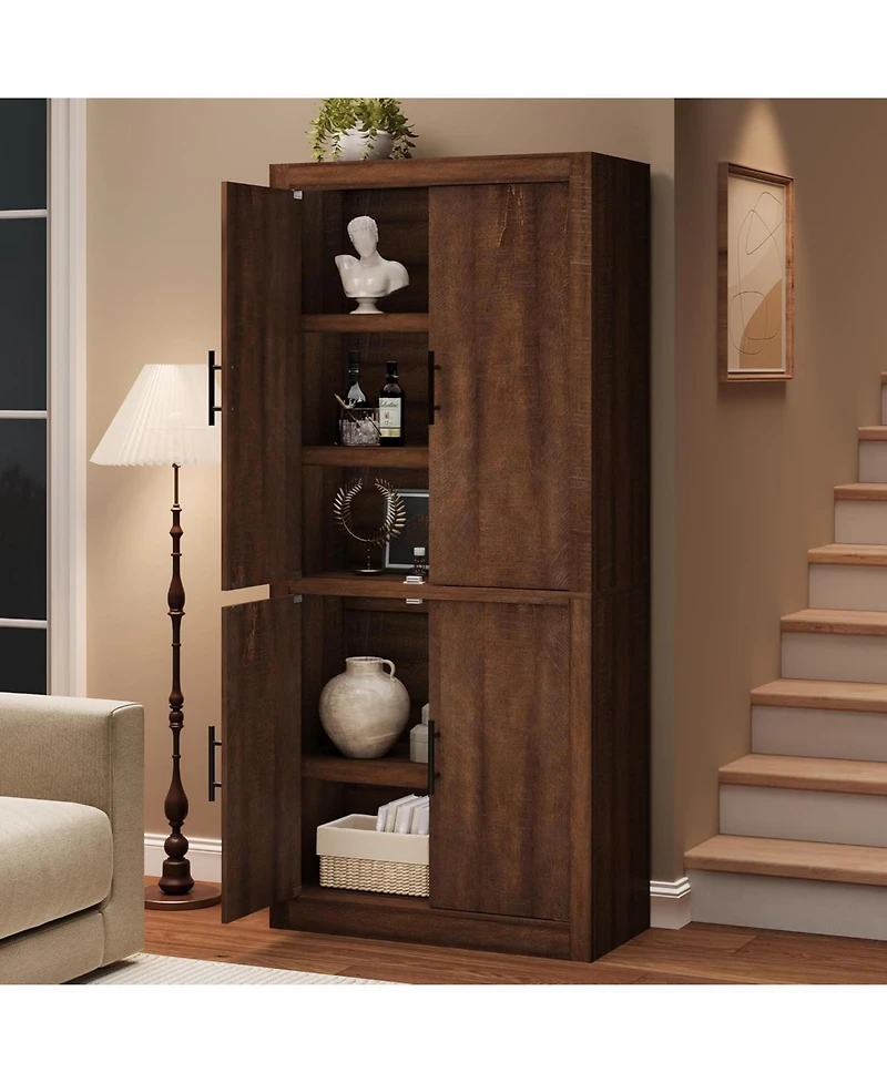 gaomon Tall Wooden Kitchen Pantry Cabinet, Farmhouse 4-Magnetic Door Freestanding Food Storage Cupboard Pantry Cabinet with Adjustable Shelves