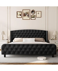homfan Bed Frame with 51" Tall Tufted Wingback Headboard and Footboard, Soft Fabric Upholstery, Wood Slats, Noise-Free, No Box Spring Needed