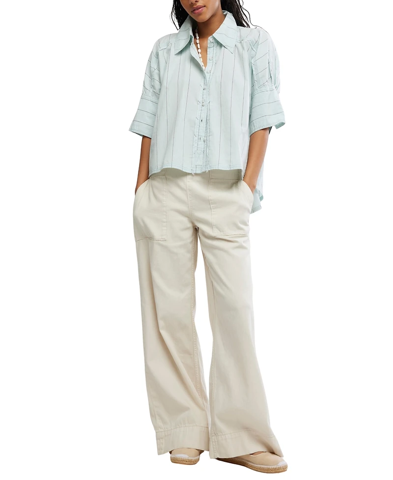 Free People Women's Short-Sleeve Collared Striped Shirt