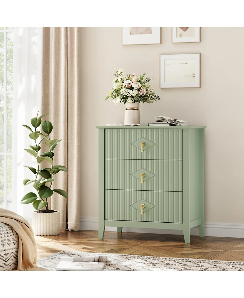 homfan Fluted 3-Drawer Nightstand Dresser with Metal Handles, 27.5" Wide Storage End Table for Bedroom, Living Room, Hallway