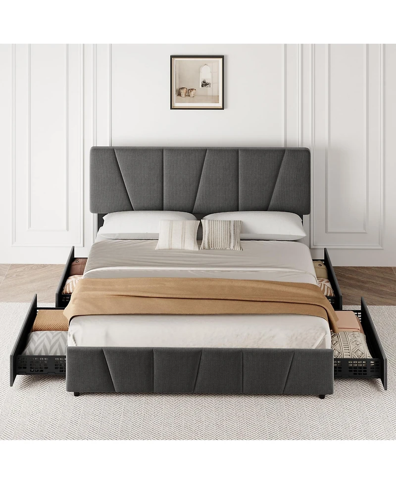 homfan Modern Linen Upholstered Bed Frame,with 4 Storage Drawers, Adjustable Headboard, No Box Spring Needed, for Bedroom