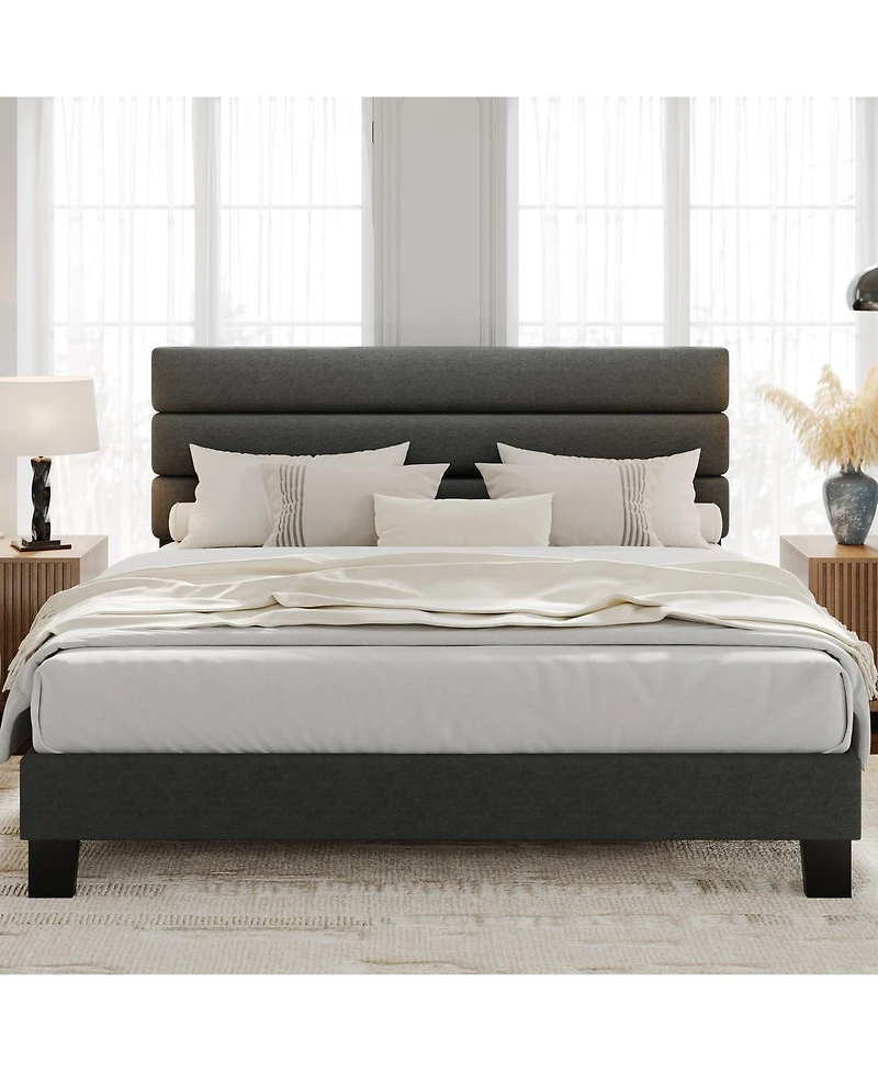homfan Modern Platform Bed Frame, Adjustable Linen Headboard, Heavy Duty Wooden Slats, No Box Spring Needed