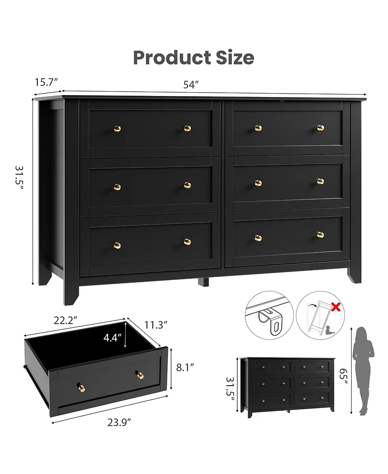 homfan Modern 6-Drawer Wide Dresser Chest with Metal Knobs, Lacquered Finish, Deep Drawer Storage for Bedroom, Entryway or Hallway