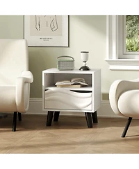 Modern Nightstand with Wavy 3D Front and Open Shelf for Bedroom-White