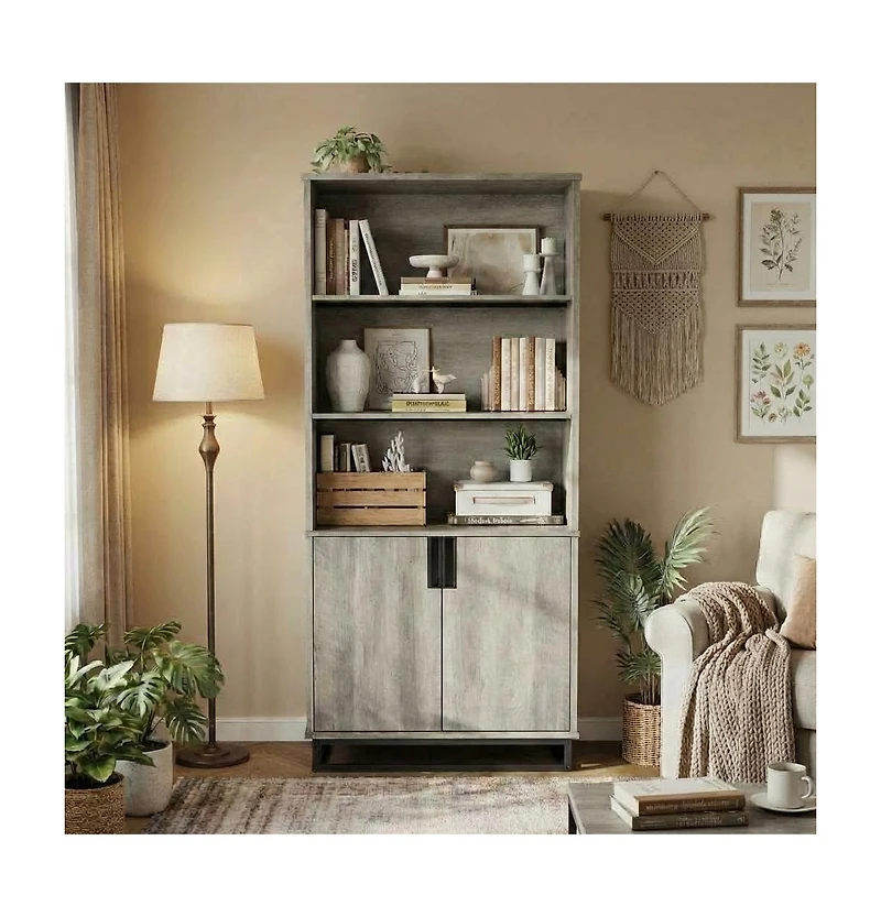 gaomon Tall 5-Tier Farmhouse Bookcase with Doors, Storage Cabinet and Adjustable Shelves