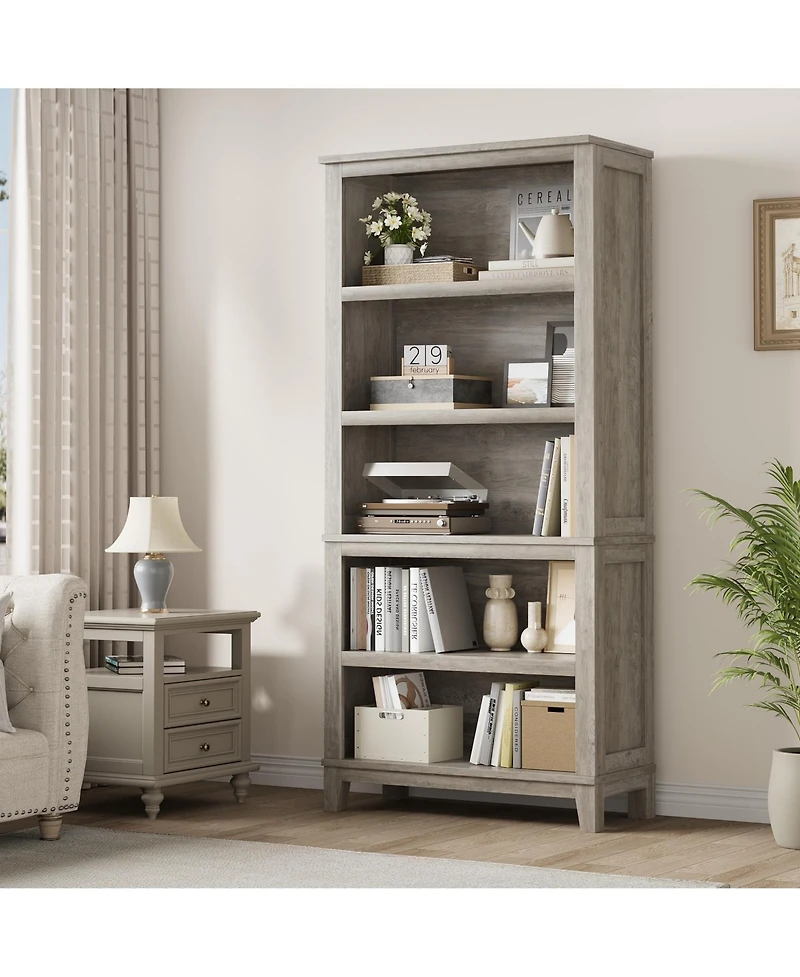 gaomon 71 Inch Tall Bookcase Adjustable Shelves and 31.5 Inch Width, 5 Tier Farmhouse Bookshelf with Wooden Legs