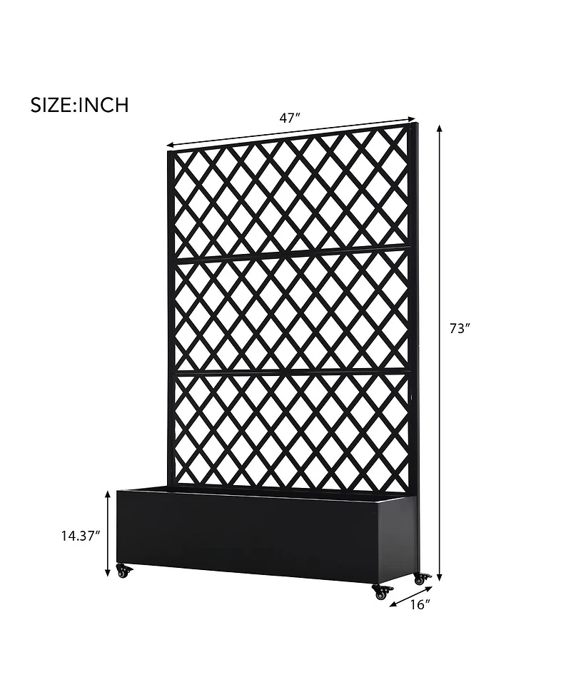 Streamdale Furniture Metal Raised Garden Bed with Wheels, Trellis, and Privacy Screen, 73"x47"x16