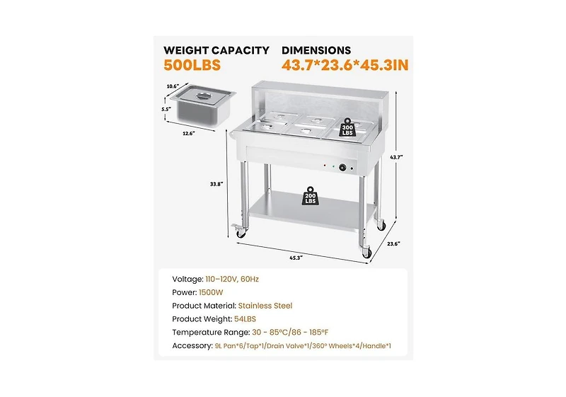 Aecojoy Commercial Food Warmer 1500W Electric Steam Table with 6x10QT Pans and Shelf