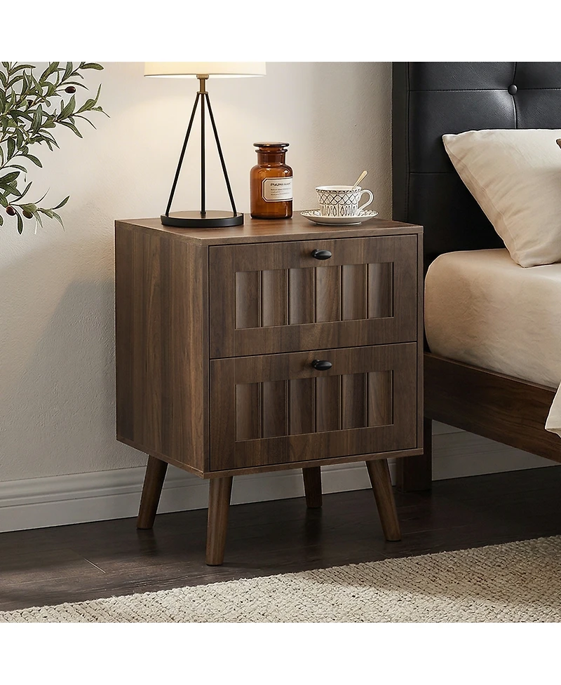 Streamdale Furniture Mid-Century Modern 2-Drawer Bedside Table, Walnut, 2-Pack