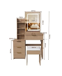 Streamdale Furniture Modern Vanity Desk with Led Mirror, 4 Drawers, Shelves, and Stool