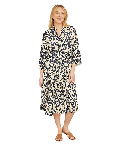 Yumi Women's 3/4 Sleeve Block Print Kaftan Dress