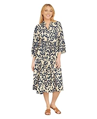 Yumi Women's 3/4 Sleeve Block Print Kaftan Dress
