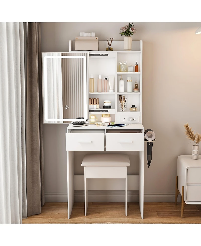 Rainsken Makeup Vanity Desk with Led Lighted Mirror, Dressing Table Set with Padded Stool, Power Outlet, 2 Drawers and 6 Shelves for Bedroom