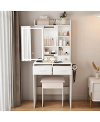 Rainsken Makeup Vanity Desk with Led Lighted Mirror, Dressing Table Set with Padded Stool, Power Outlet, 2 Drawers and 6 Shelves for Bedroom