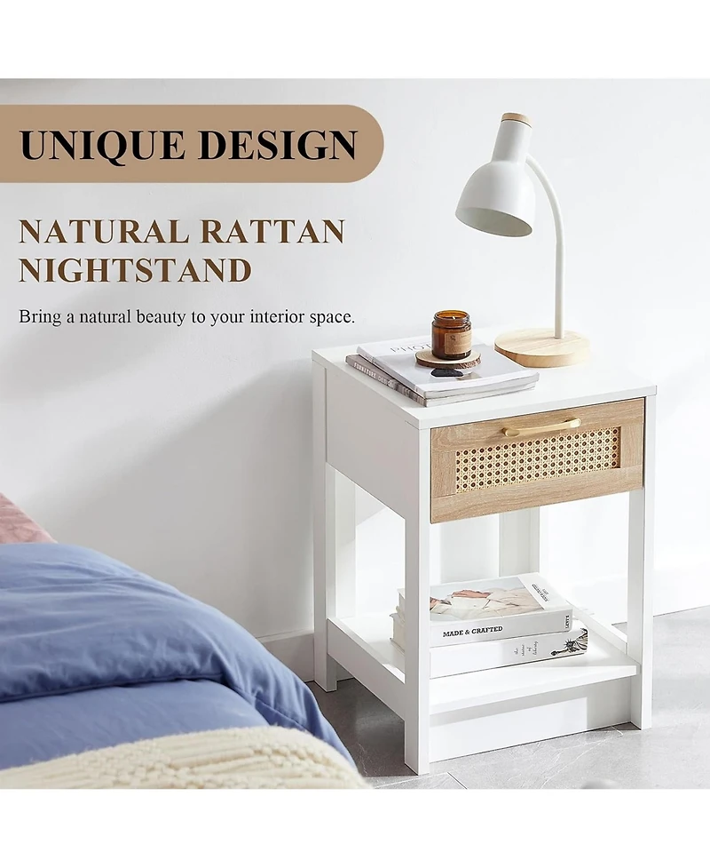 Rainsken Rattan Nightstand, Wooden Bedside Table with Drawer and Open Storage Shelf, End Table for Living Room, Bedroom