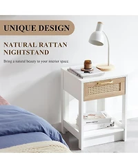 Rainsken Rattan Nightstand, Wooden Bedside Table with Drawer and Open Storage Shelf, End Table for Living Room, Bedroom
