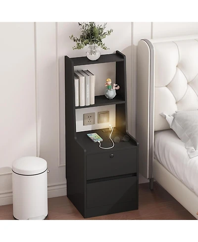 Rainsken Nightstand with Charging Station and Night Light, Lockable Bedside Cabinet Table with 2 Storage Drawers and Bookshelf for Bedroom