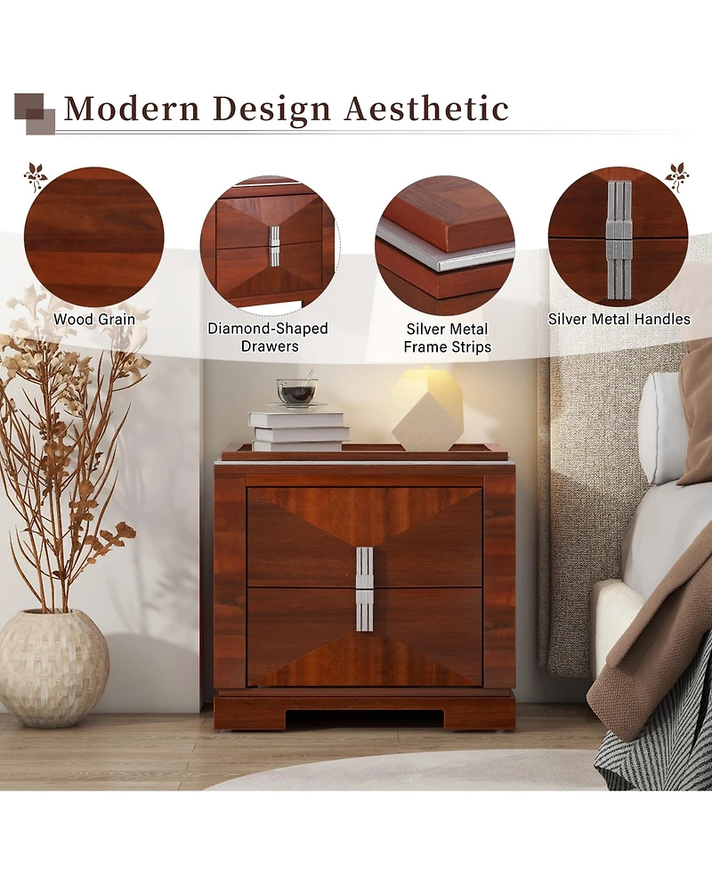 Rainsken Modern Nightstand, Wood Diamond Shaped End Table, 2 Drawers Bedside Table with Storage for Bedroom, Living Room, Entrance
