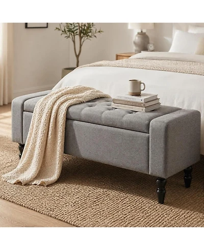 Rainsken Upholstered Entryway Bench, with Seating, Linen Upholstered Storage Bench, Lift Top and Button Tufted for Living Room