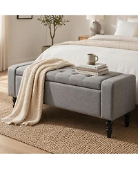 Rainsken Upholstered Entryway Bench, with Seating, Linen Upholstered Storage Bench, Lift Top and Button Tufted for Living Room