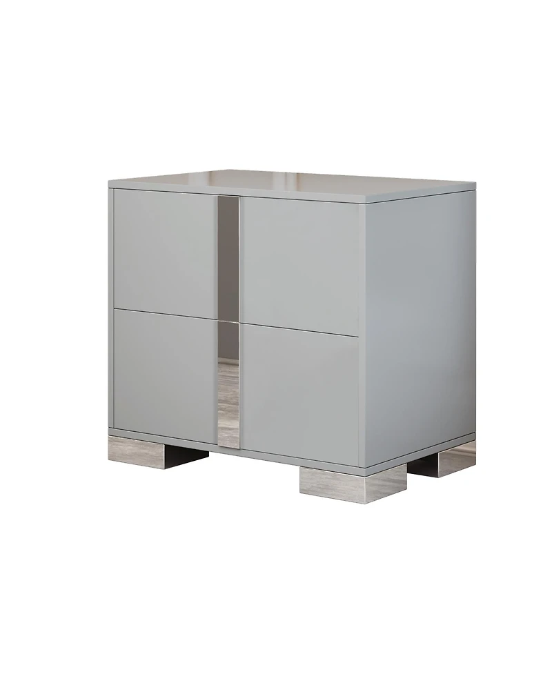 Rainsken 1 Pc Mdf Elegant Nightstand with Silver Mirrored Handle and 2 Drawers Bedside Table