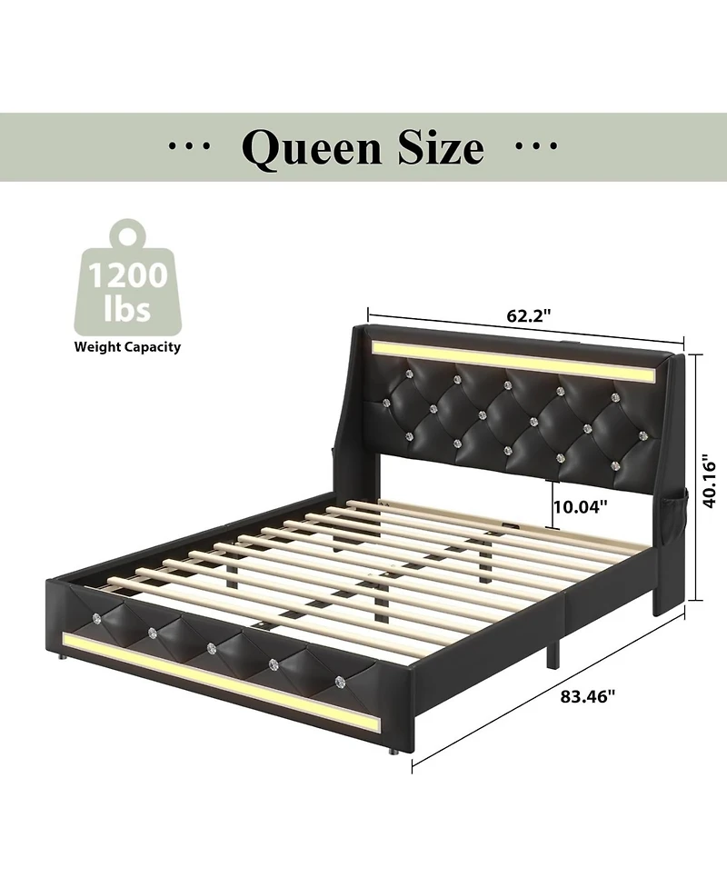 Lucky One Queen Size Bed Frame with Led Lights, Upholstered Bed Frame with Charging Station