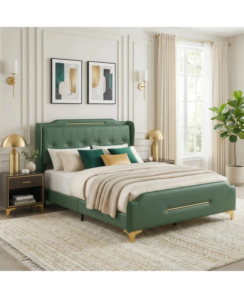 Lucky One Modern Upholstered Bed Frame, Queen Size Platform Bed with Wingback Headboard